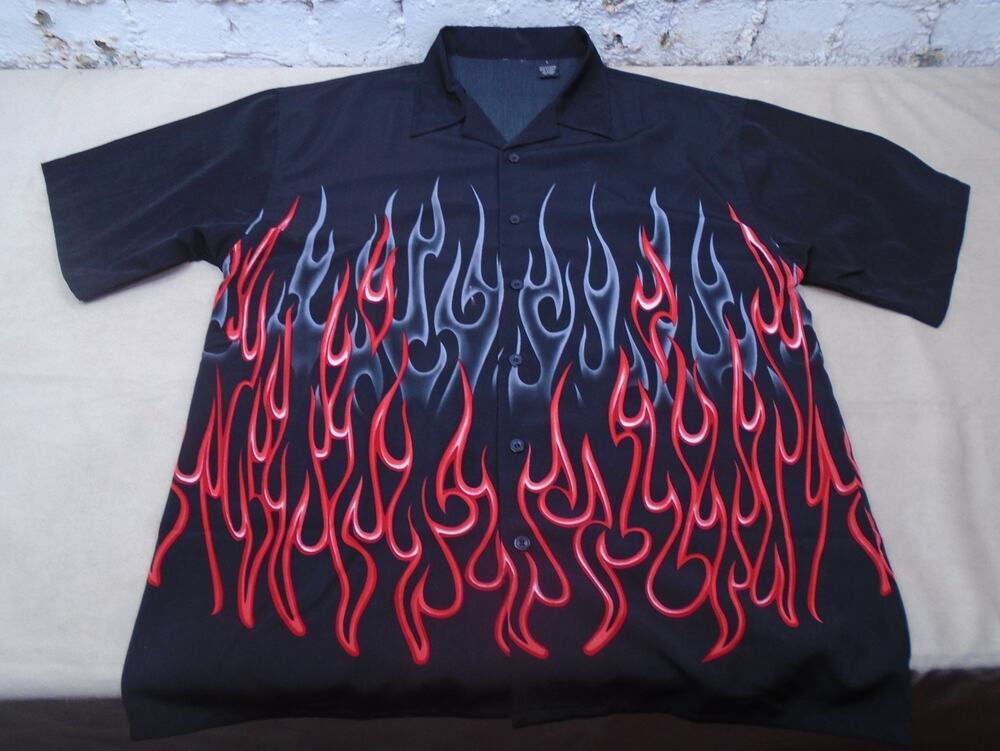 Vintage Authentic Shaolin Shirt Sz Large Red Biker AOP Button Up Flames Y2K